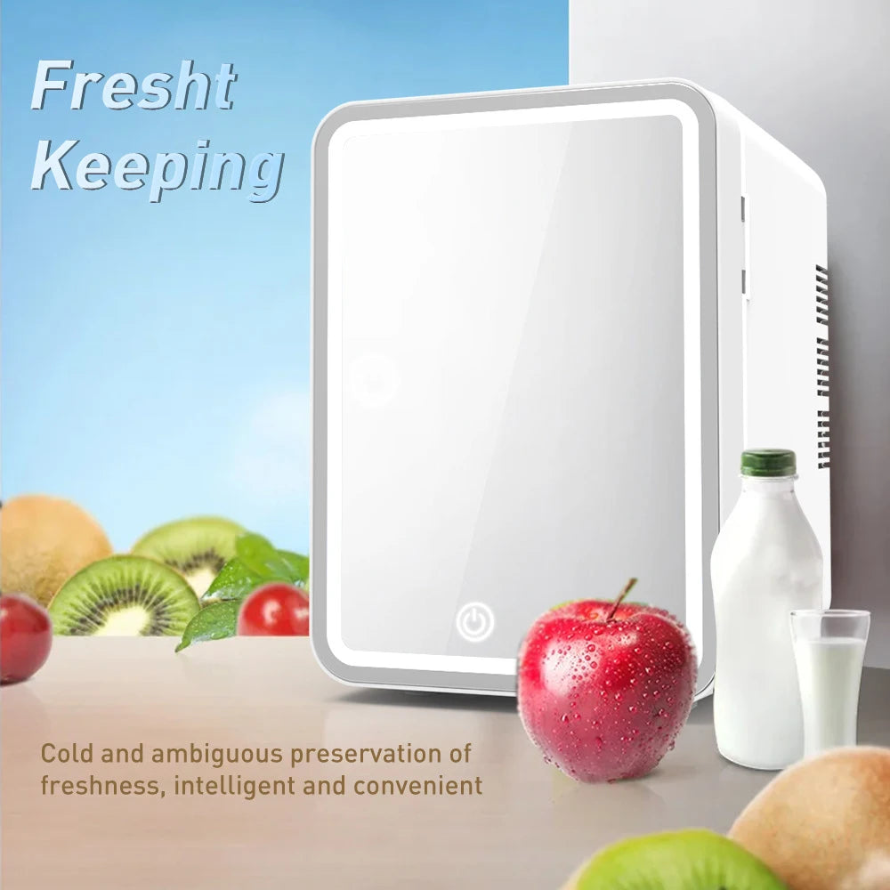 2 in 1 Mini Cosmetic Fridge 220V Portable Skincare Refrigerator LED Light Makeup Mirror Small Refrigerated Food Beverage for Car