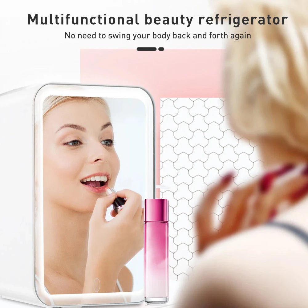 2 in 1 Mini Cosmetic Fridge 220V Portable Skincare Refrigerator LED Light Makeup Mirror Small Refrigerated Food Beverage for Car