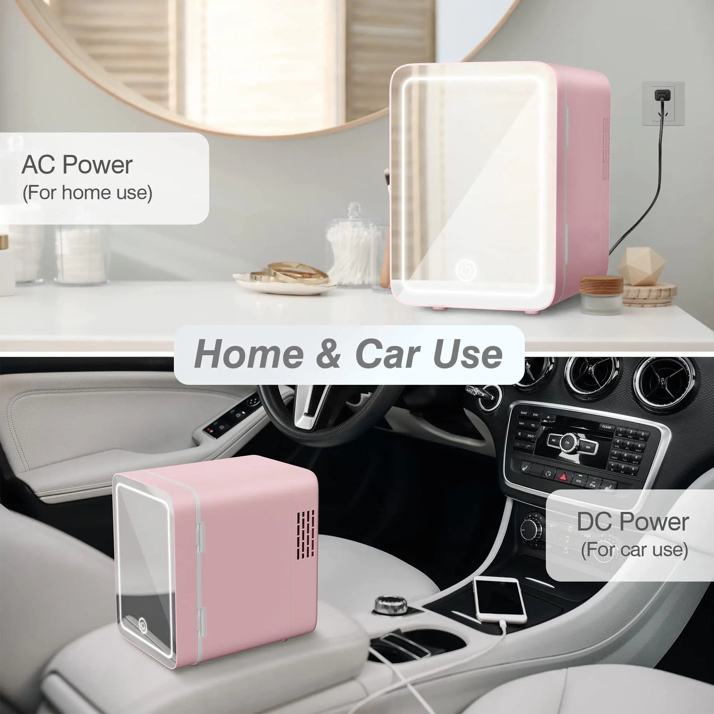 2 in 1 Mini Cosmetic Fridge 220V Portable Skincare Refrigerator LED Light Makeup Mirror Small Refrigerated Food Beverage for Car